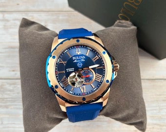 98A227 Marine Star Blue Gold Dial Rubber Strap Men's Automatic Watch 45MM Gift for Him