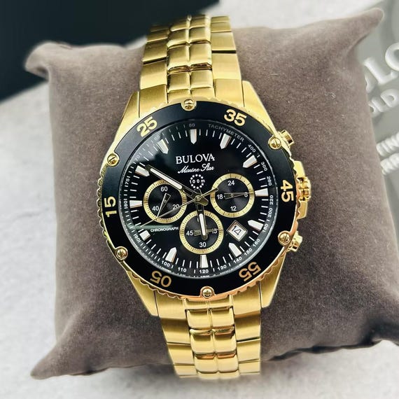 98B406 Marine Star Gold/Black Gold Strap Quartz Chronograph Men's Watch Gift for Him
