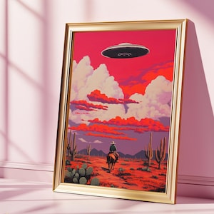 Western Cowboy and UFO Art Print: Surreal Desert Landscape (Digital Download)