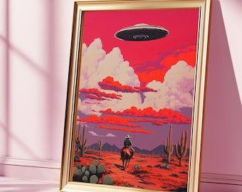 Western Cowboy and UFO Art Print: Surreal Desert Landscape (Digital Download)