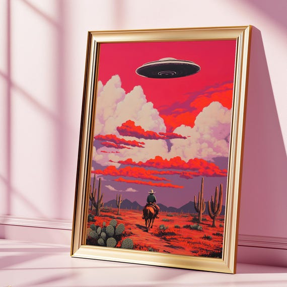 Western Cowboy and UFO Art Print: Surreal Desert Landscape (Digital Download)