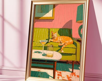 Impresión artística de Martini de Gato de Jengibre de mediados de siglo: Póster de carrito de bar con un toque caprichoso (descarga digital)