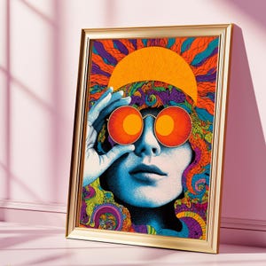 Psychedelic Hippie Lady Retro Wall Art, Sun Goddess Art Print, Colorful 60s Inspired Boho Poster Print, Colorful Wall Decor, Bold Funky Art