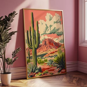Südwestliche Wüstenlandschaft, Retro- Kaktus- Kunstplakat, buntes Western-Wanddekor, Vintage-Stil Naturillustration
