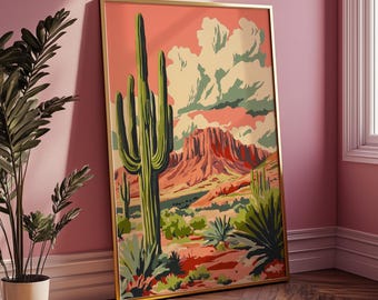 Retro Southwestern Cactus Print: Wüstenlandschaft Kunst (Digitaler Download)