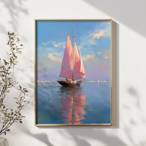 Pink Sailboat Wall Art Print, Tranquil Ocean Sailing Boat Painting, Coastal Nautical Poster for Beach House or Sea Lover Decor