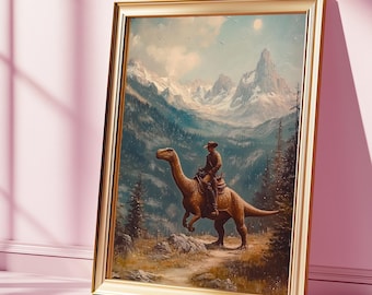 Dinosaur Cowboy Oil Painting Print: Surreal Western Art (Digital Download