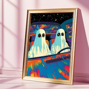 Psychedelic Ghost Roadtrip Art Print: Surreal Cosmic Halloween Decor (Digital Download