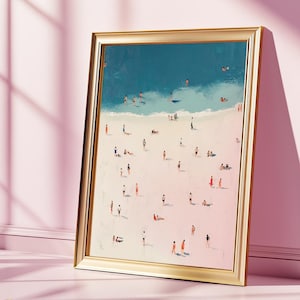 Impresión de personas diminutas nadando en el océano, póster de verano, decoración de casa de playa vintage, arte de pared imprimible minimalista, regalo para nadadores