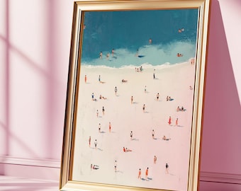 Summer Beach Print: Tiny People Swimming, Vintage Coastal Decor (Digital Download)