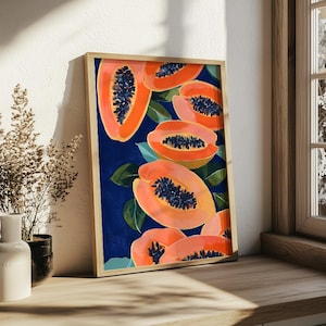 Papaya Kunstdruck, Vintage Art Print, Poster für die Küche, Küchen Dekor, Retro Food Art, Mid Century Modern, Küchen Wandkunst, Obstmarkt