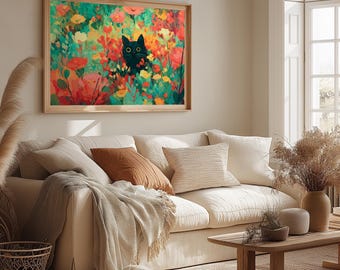 Black Cat in Colorful Flower Field, Whimsical Digital Art Print (Instant Download)