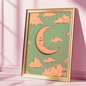 Vintage Crescent Moon Art Print, Whimsical Celestial Wall Decor, Retro Nursery Print, Boho Moon Poster, Gift For Stargazer Lovers