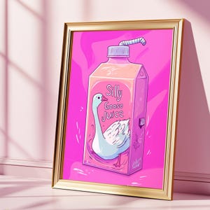 Impresión artística de pared divertida con jugo de ganso tonto, póster de ganso de dibujos animados en rosa, decoración divertida inspirada en memes para adolescentes y amantes de los gansos.
