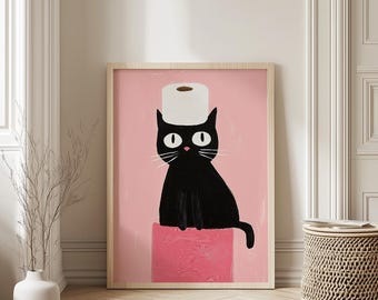 Funny Black Cat Art Print: Toilet Paper Hat, Quirky Bathroom Decor (Digital Download)