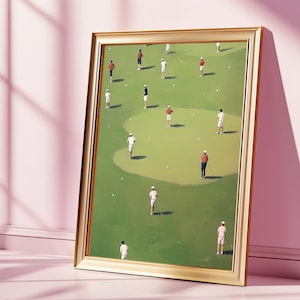 Minimalist Golf Course Art Print, Abstract Golfers on Green Field, Modern Sport Wall Decor for Office, Man Cave or Game Room Aesthetic