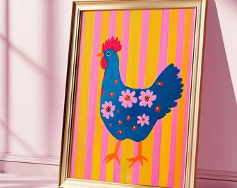Floral Folk Art Chicken Print: Colorful Farmhouse Decor (Digital Download)