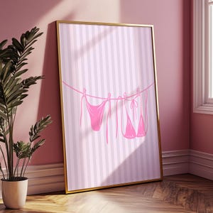 Bikini Clothes Line, Bikini Print Poster, Pink Bikini Beach Wall Art, Beach Room Decor, Trendy Apartment Digital Print, Printable