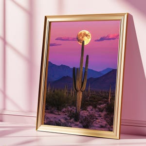 Cactus Under Moon Full Moon in Desert Wall Art Print, Sunset Cactus Photo, Night Time Desert Scene, Cactus Under Moonlight, Western Art