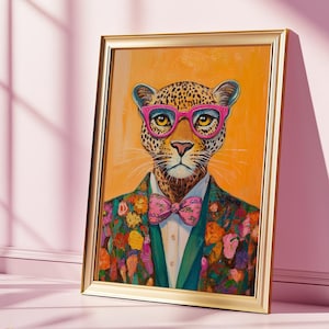 Funky Fashion Leopard Art Print, Funky Wall Art, Dopamine Aesthetic, Maximalist Decor, Funny Animal Painting, Trendy Preppy Digital Print