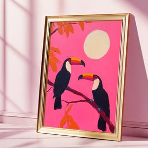 Impressão de arte de parede de tucano tropical - pintura vibrante de pássaro da selva com fundo rosa choque, decoração colorida de animais exóticos para quarto boho ou infantil