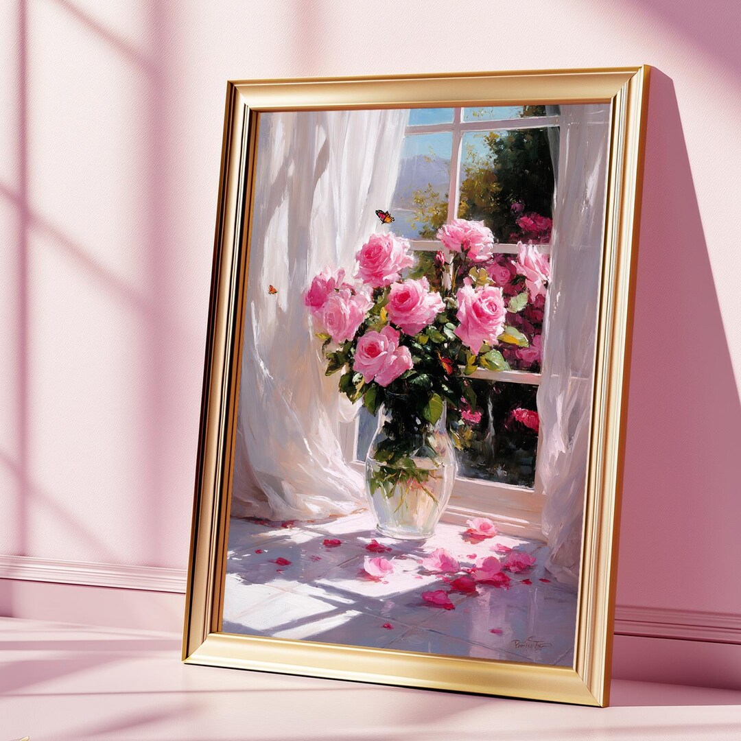 Romantic Pink Rose Bouquet Art Print, Sunlit Floral Still Life in Glass ...