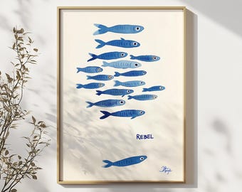 Blue Sardines Watercolor Art Print: Vintage Sea Life (Digital Print)