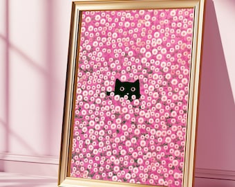 Floral Cat Art Print, Pink Botanical Poster (Digital Download)
