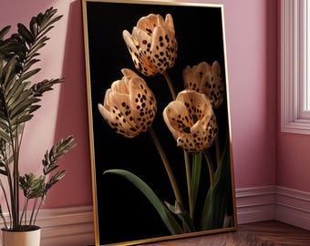 Leopard Print Tulips Digital Print, Moody Floral Wall Art, Botanical Fashion(Instant Download)