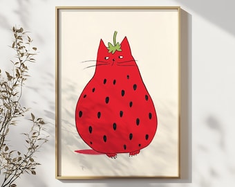 Strawberry Cat Art Print, Funny Quirky Cartoon Poster (Digital Download)