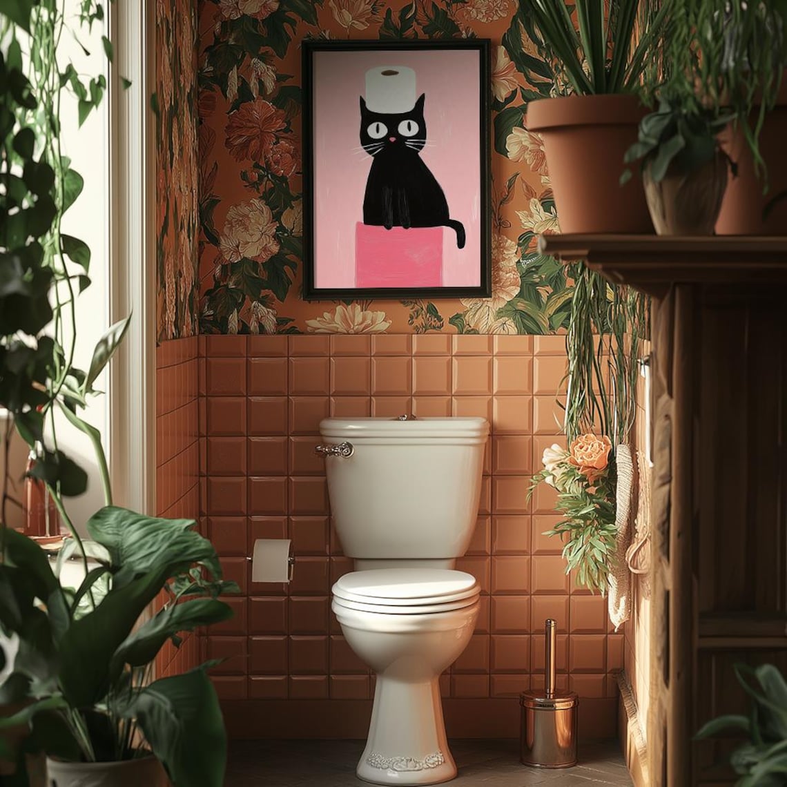 Funny Black Cat Art Print: Toilet Paper Hat, Quirky Bathroom Decor ...