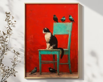 Whimsical Cat Print: Birds on Vintage Chair, Quirky Home Decor (Digital Download)