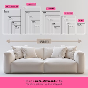 May include: A diagram showing different print sizes for artwork, with a sofa measuring 96 inches or 240 centimeters in length. The print sizes are labeled with their dimensions in inches and centimeters, and the ratios are labeled as 2:3, 4:5, 3:4, and 11x14.