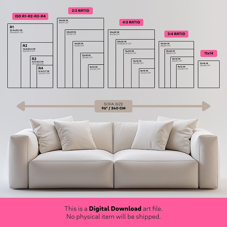 May include: A diagram showing different print sizes for artwork, with a sofa measuring 96 inches or 240 centimeters in length. The print sizes are labeled with their dimensions in inches and centimeters, and the ratios are labeled as 2:3, 4:5, 3:4, and 11x14.