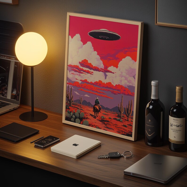May include: A framed print of a cowboy riding a horse in a desert landscape with a UFO in the sky. The print has a red, orange, and purple color scheme.