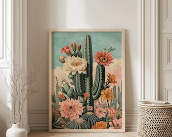 Mexican Cactus Art Print, Traditional Folk Mexican Cactus Poster, Digital Download, Vintage Desert Cactus Art, Mexican Boho Home Decor