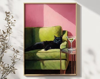 Black Cat Martini Art Print: Whimsical Cocktail Bar Decor (Digital Download