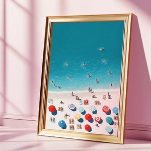 Lámina artística de playa aérea, decoración de pared costera de verano, sombrilla y bañista, póster minimalista con vista al mar, regalo de vacaciones tropicales para amantes de la playa.