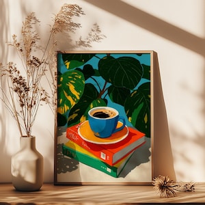 Cozy Reading Nook Print: Coffee Cup, Books, Green Leaves (Digital Download)