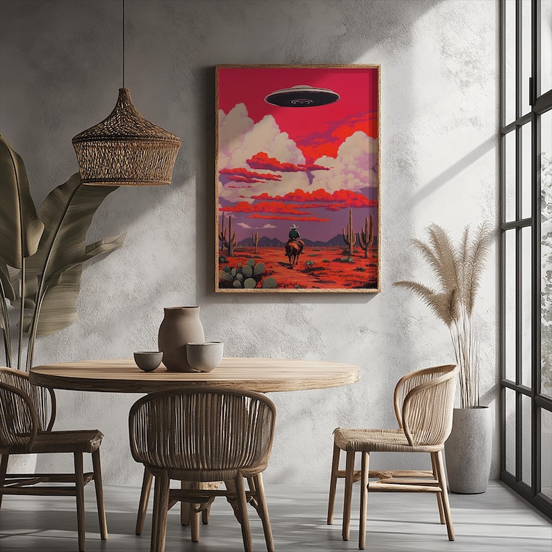 May include: A framed illustration of a cowboy riding a horse in a desert landscape with a flying saucer in the sky. The sky is a vibrant red and pink with white clouds. The desert is a sandy brown with cacti and mountains in the distance.