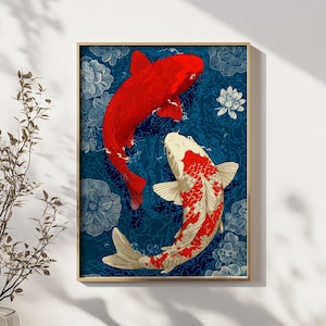 Puede incluir: Lámina artística enmarcada con dos carpas koi. Una es de color rojo brillante, la otra blanca con detalles rojos y dorados. El fondo es azul oscuro con motivos florales blancos.