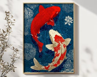 Red Koi Fish Print: Japanese Zen Garden Wall Art (Digital Download