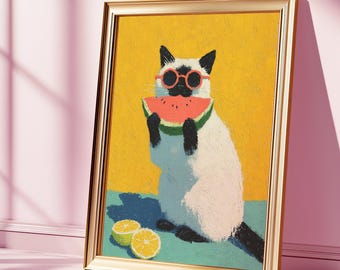 Whimsical Watermelon Cat Print: Funny Summer Kitchen Wall Art (Digital Download)