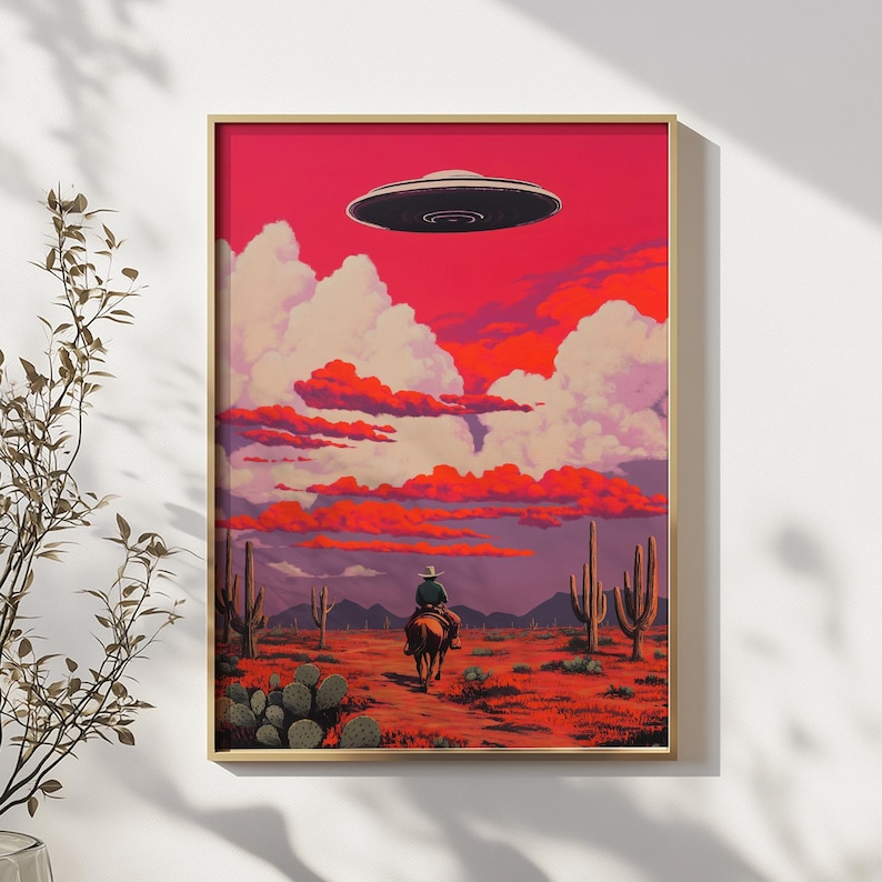May include: A cowboy on horseback rides through a desert landscape with a red sky and white clouds. A flying saucer hovers in the sky above.