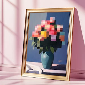 Peut inclure: Une peinture encadrée d'un bouquet de fleurs roses, rouges et jaunes dans un vase turquoise. Les fleurs sont peintes dans un style pixélisé.