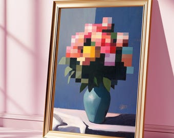 Pixelated Floral Oil Painting: Retro 8-Bit Vase Art (Digital Download)