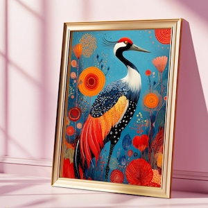 Stampa artistica da parete con gru colorata e stravagante, poster astratto con uccelli per gli amanti della natura, decorazione vivace con animali selvatici per soggiorno o ufficio.