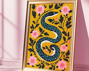 Floral Snake Art Print: Colorful Botanical Wall Decor (Digital Download)