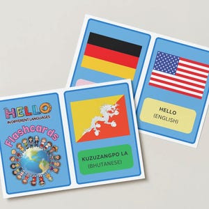 May include: A set of flashcards with flags from different countries. The front of each card features a flag and the word "Hello" in the language of the country. The back of each card has the name of the language and the country. The cards are blue with white borders.
