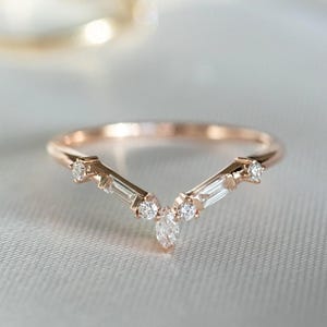 Marquise, Baguette & Round Cut Moissanite Wedding Band, Amazing V Shaped Curved Band, Seven Stone Engagement Band, Gift for Someone Special.